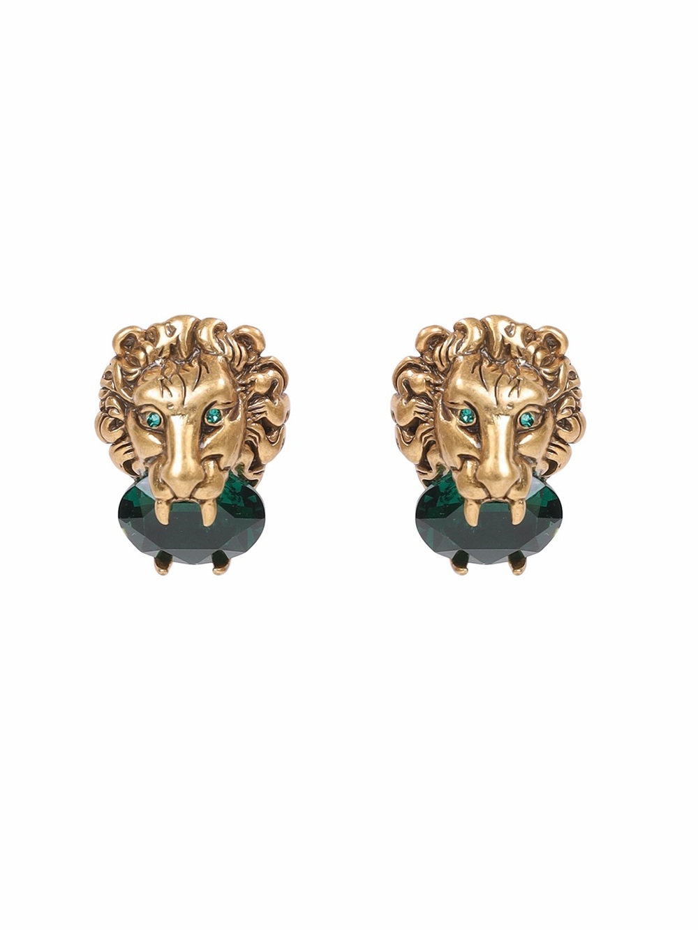 Gold Lion Head Earrings with Emerald Green Stones